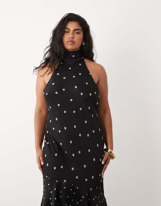 ASOS DESIGN Curve halter maxi dress with scarf detail and ruffle hem in mono spot, 4 of 4