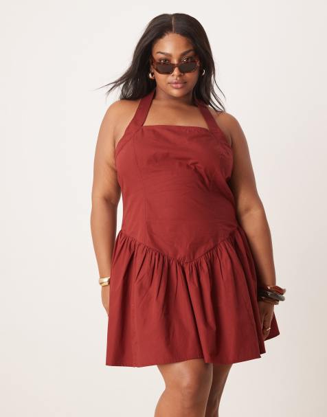 ASOS DESIGN Curve halter mini dress with ruffle hem in burgundy - view 1