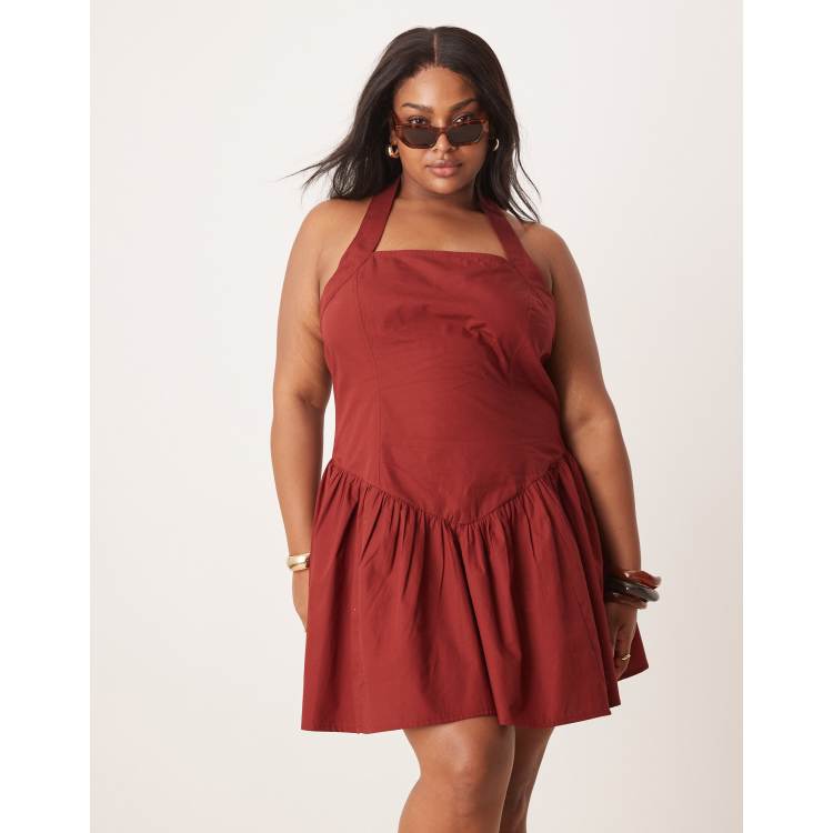 ASOS DESIGN Curve halter mini dress with ruffle hem in burgundy | ASOS