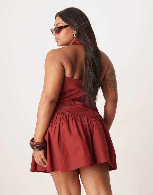ASOS DESIGN Curve halter mini dress with ruffle hem in burgundy, 2 of 4