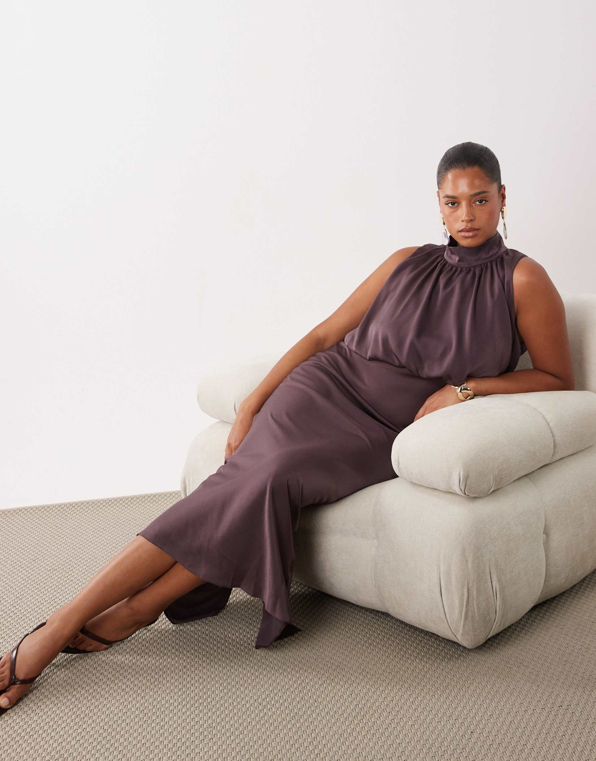 asos design curve halter neck blouson satin maxi dress in chocolate