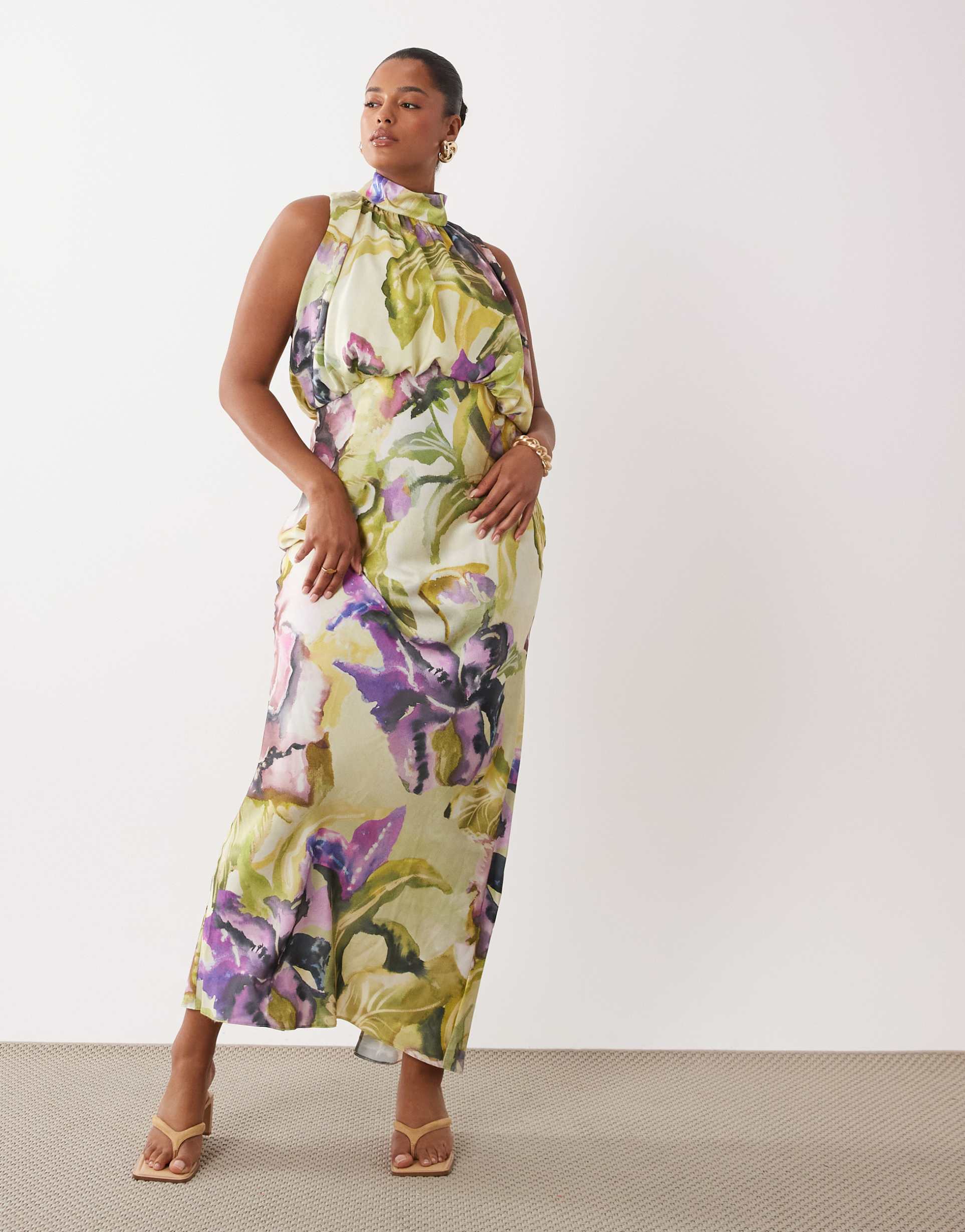 asos design curve halter neck blouson satin maxi dress in painted floral print