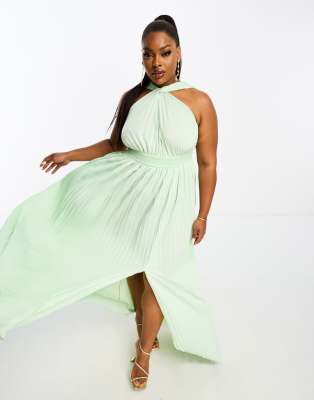 Asos Curve Asos Design Curve Halter Neck Grecian Pleated Skirt Maxi Dress In Sage Green ModeSens