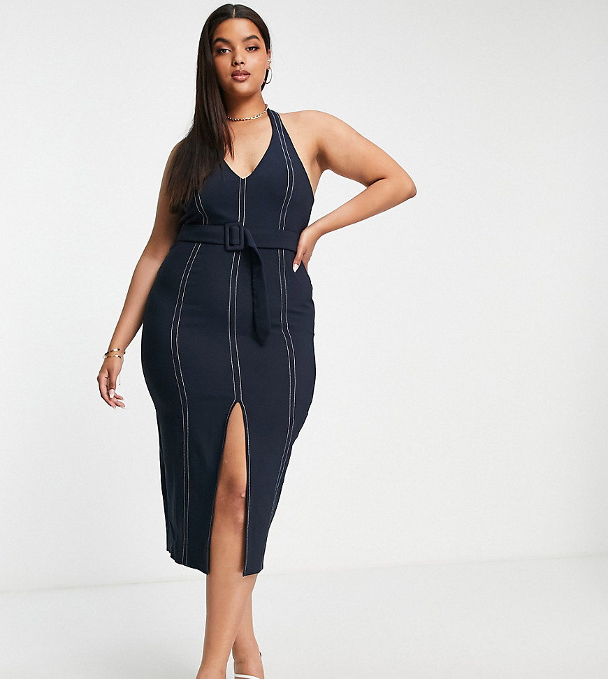 Plus-size dress by ASOS DESIGN Ring light at the ready Halterneck Sleeveless style Belted waist Thigh split Zip-back fastening Slim fit