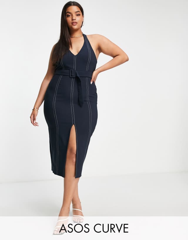 ASOS DESIGN Curve halter neck midi pencil dress with contrast stitching and belt in navy