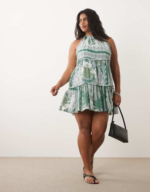 ASOS DESIGN Curve halter neck tiered mini sundress with chunky binding in mixed blue print, 3 of 4