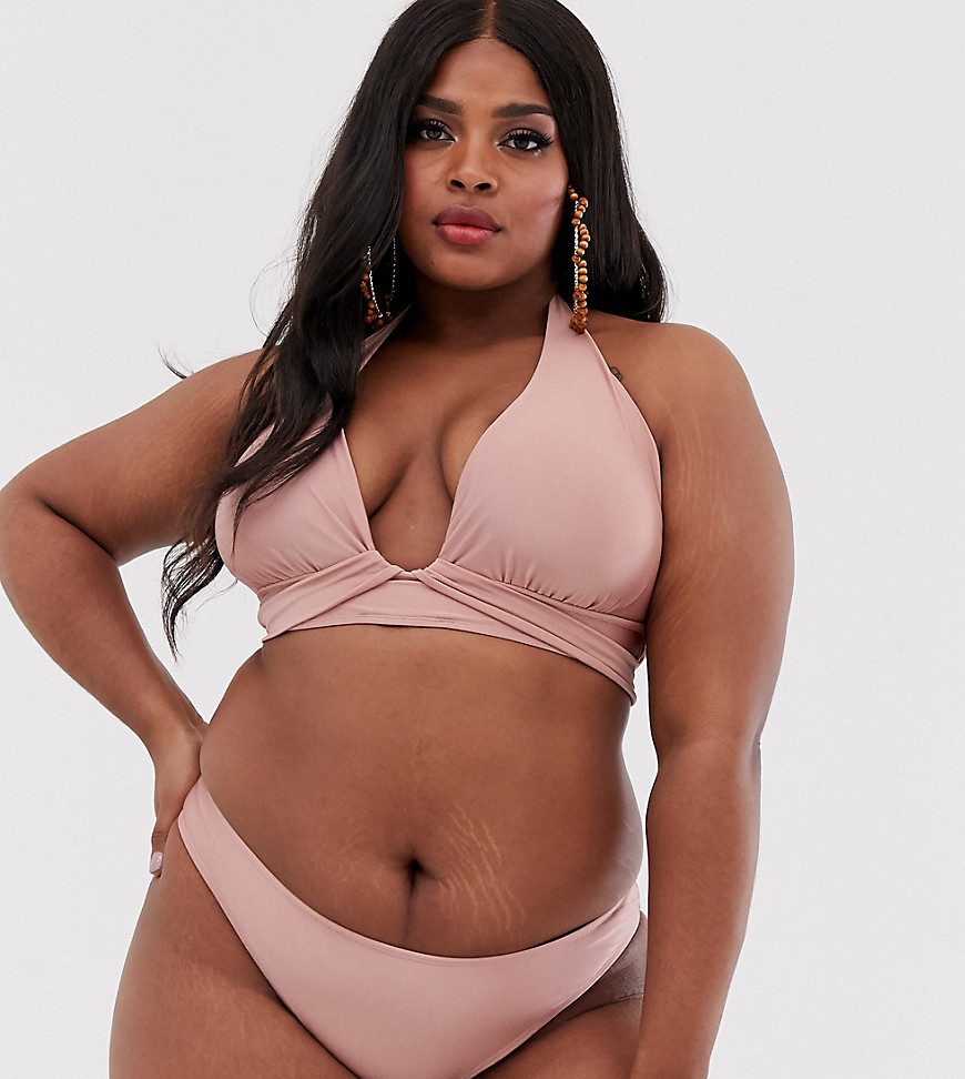 ASOS DESIGN curve halter wrap triangle bikini top in shiny mink-Brown