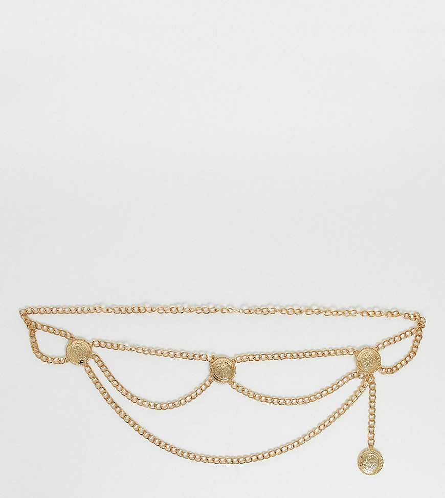 ASOS DESIGN Curve hanging coin chain waist and hip belt in gold