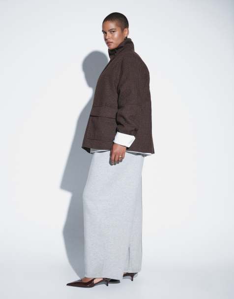 ASOS DESIGN Curve Harrington jack met opstaande kraag in bruine ruit - view 1
