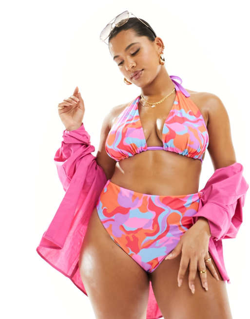 ASOS DESIGN Curve - Haut de bikini triangle réversible avec imprimé abstrait et bonnets couvrants, 3 de 4