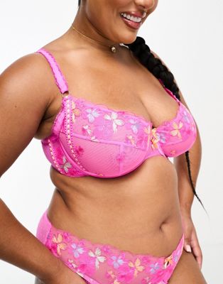 ASOS DESIGN Curve Heather embroidered underwired bra with picot trim in pink - ASOS Price Checker