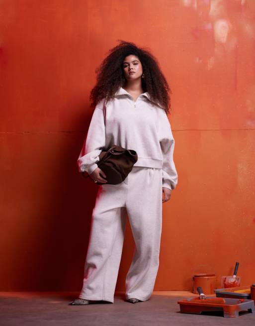 ASOS DESIGN Curve heavyweight half zip sweatshirt and sweatpants set in oatmeal