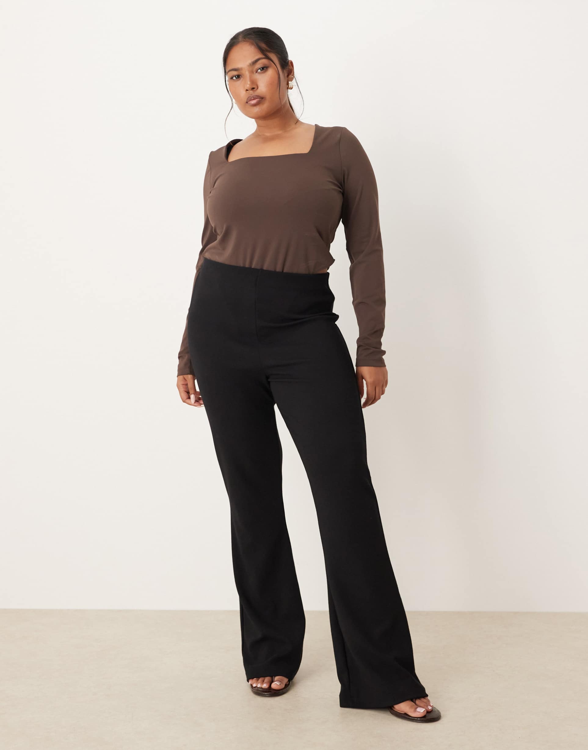 asos design curve heavyweight ribbed flare pants in black