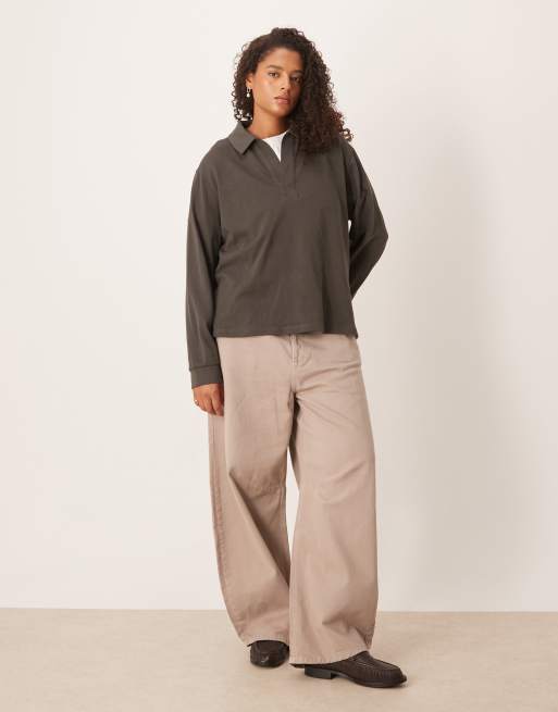 ASOS DESIGN Curve heavyweight rugby collar long sleeve tee in charcoal, 2 of 4