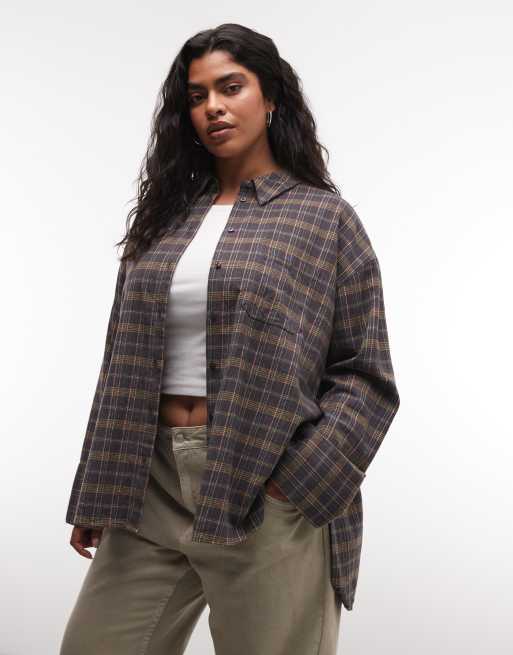 ASOS DESIGN Curve – Hemdbluse in Braun mit verwaschenem Karomuster, 2 von 4