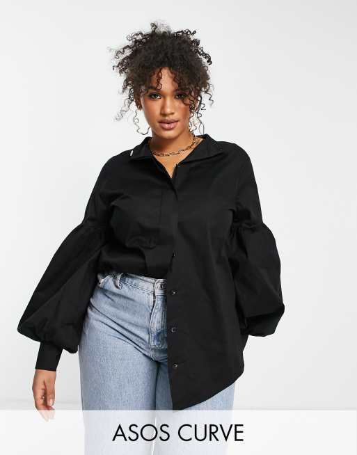 ASOS DESIGN Curve – Hemdbluse in Schwarz mit weiten Puffärmeln