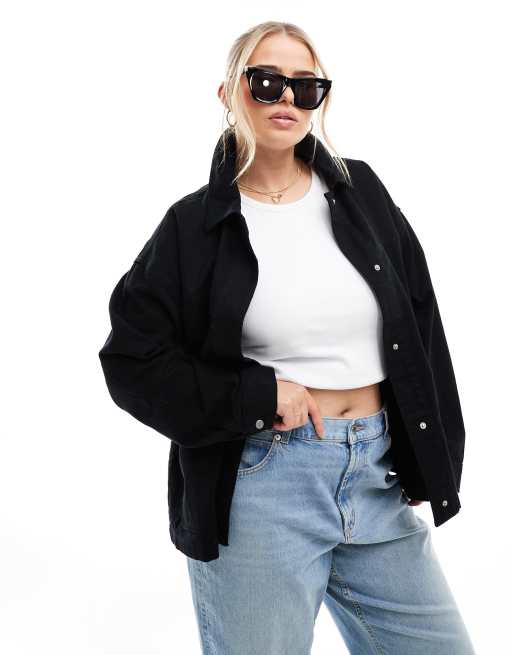 ASOS DESIGN Curve – Hemdjacke aus Baumwoll-Twill in Schwarz mit Tasche