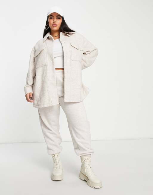 ASOS DESIGN Curve – Hemdjacke mit Fischgrätmuster in Hellbeige 