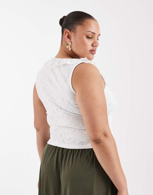 ASOS DESIGN Curve - Hemdje met broderie, ruches en lage ronde hals in wit, 4 van 4