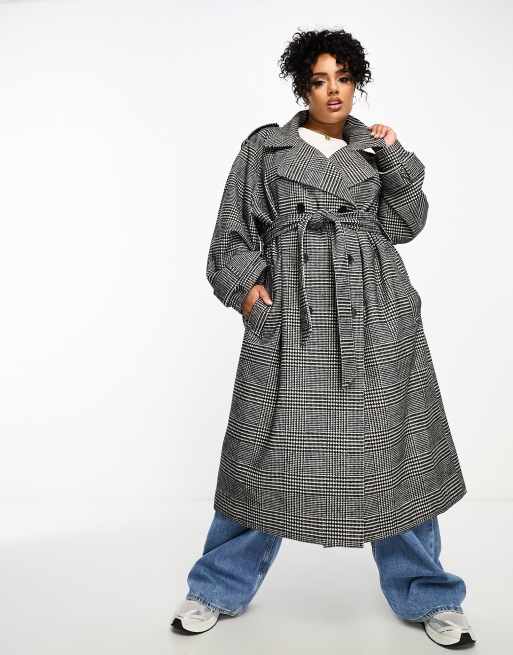 ASOS DESIGN Curve heritage plaid trench coat in mono ASOS