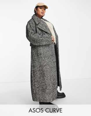Asos Curve Asos Design Curve Smart Herringbone Belted Coat In Black And White-multi