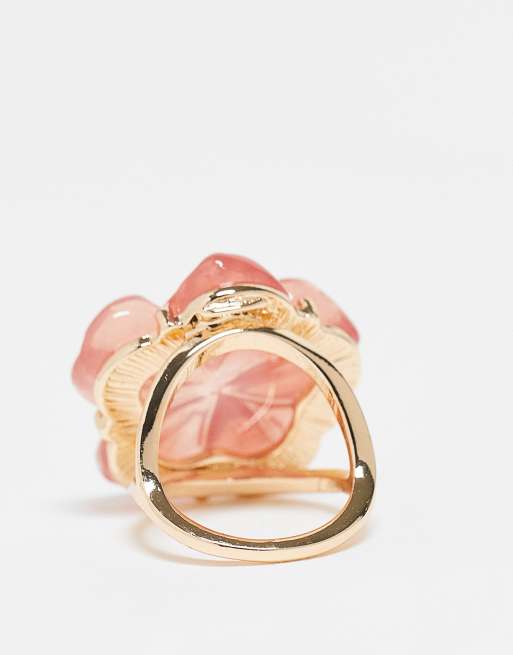 ASOS DESIGN Curve hibiscus flower ring in pink resin and gold tone