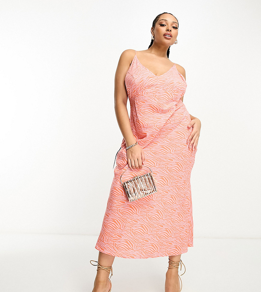 Asos Curve Asos Design Curve High Apex Maxi Slip Dress In Spun In Pink And Red Zebra Print-multi