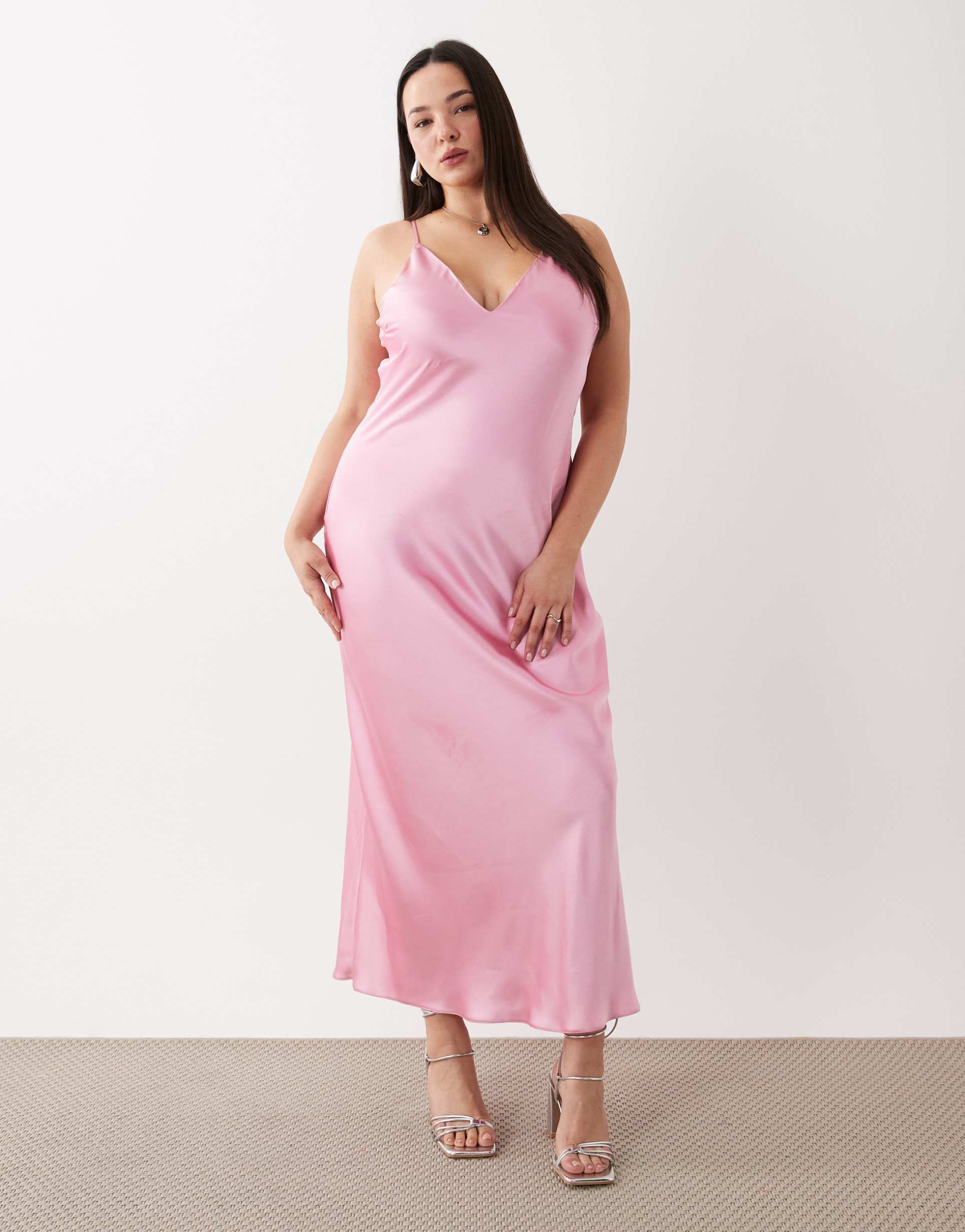 asos design curve high apex satin midi dress in sugar pink