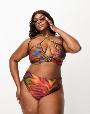 ASOS DESIGN Curve high leg high waist bikini bottom in heat map zebra print-Multi