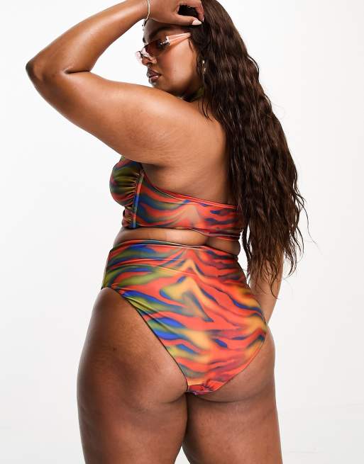 ASOS DESIGN Curve high leg high waist bikini bottom in heat map zebra print