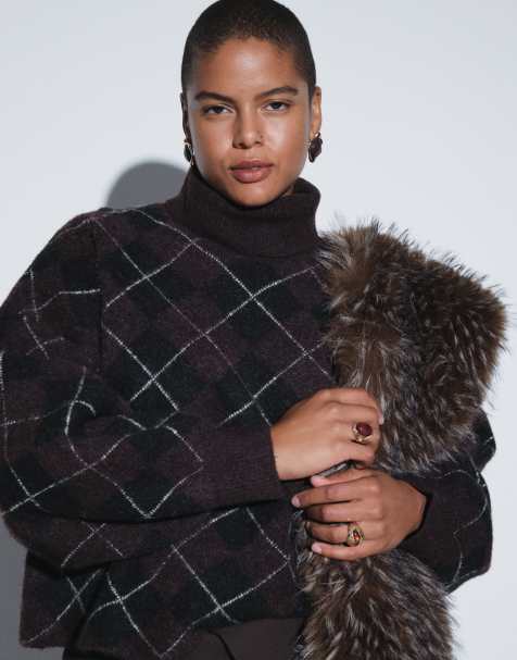 ASOS DESIGN Curve high neck argyle jumper in burgundy and chocolate - view 1