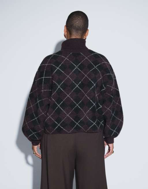 ASOS DESIGN Curve high neck argyle jumper in burgundy and chocolate, 4 of 4