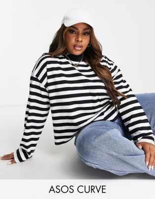 ASOS DESIGN Curve high neck boxy long sleeve top in mono stripe