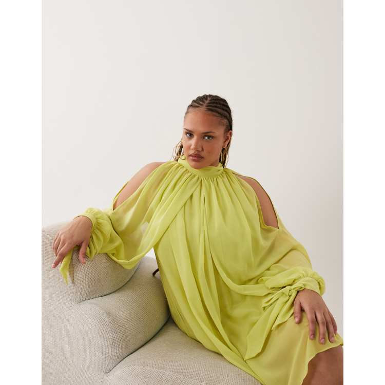 lime green chiffon dress Lime Green Bridesmaid Dress Spaghetti Straps Cowl Neck Sheath/Coulmn Ruched Floor Length Chiffon Bridesmaid Dress With Slit main image 1