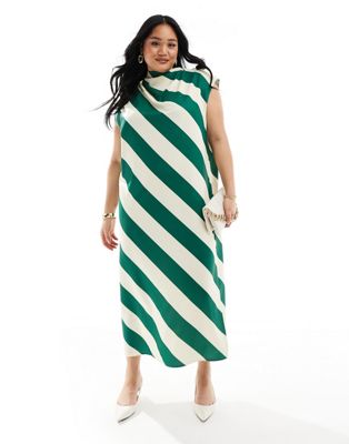 Asos Curve Asos Design Curve Maxi Shirt Dress With High Double Slit In Green Stripe-multi