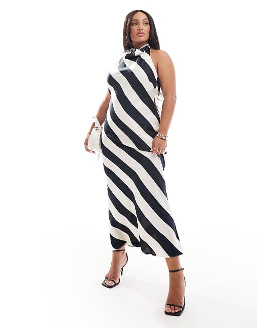 High Collar Black White Striped Midi Dress High Collar Black White Striped Midi Dress