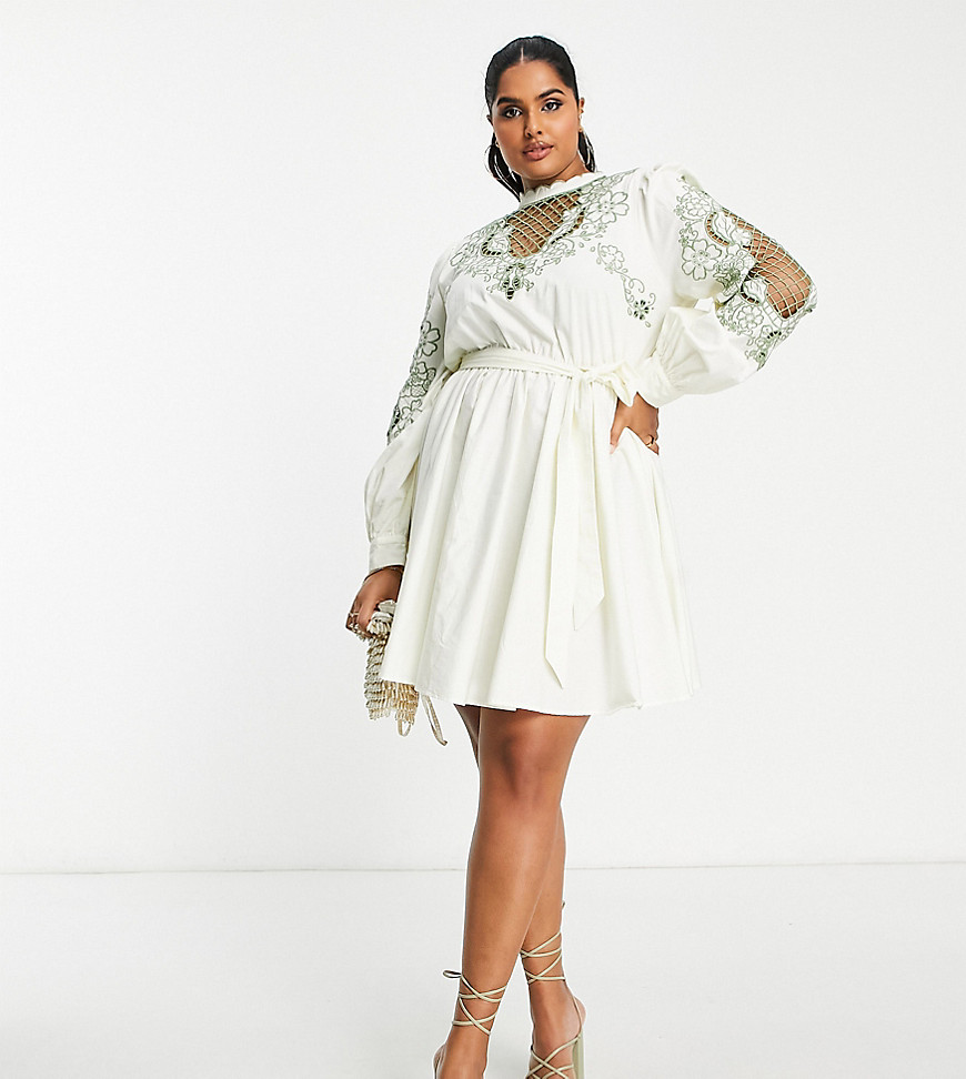 ASOS DESIGN Curve high neck cutwork belted mini dress in stone with green detail-Multi