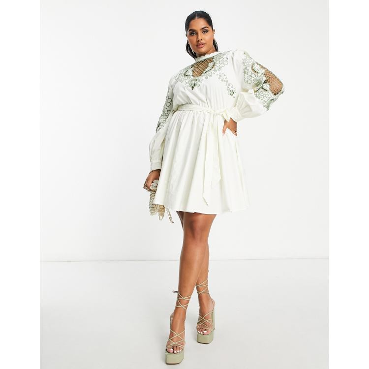 ASOS DESIGN Curve high neck cutwork belted mini dress in stone