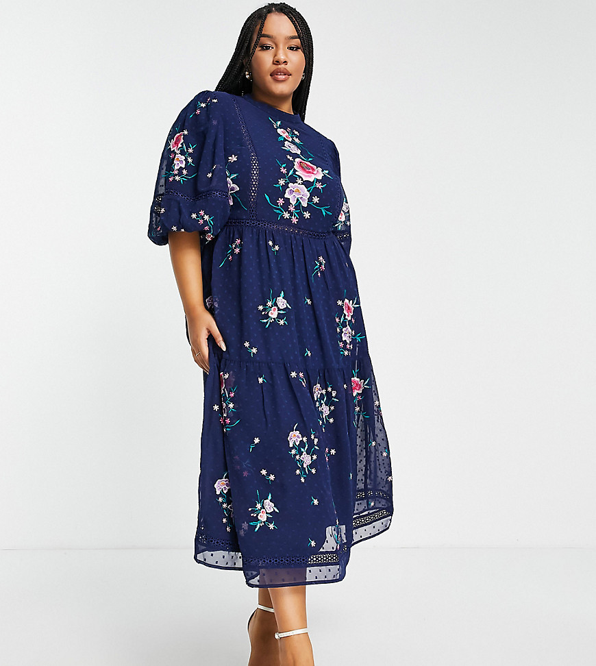 ASOS DESIGN Curve high neck dobby embroidered midi dress with lace trims in navy