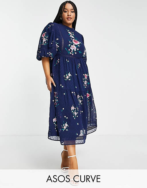 ASOS DESIGN Curve high neck dobby embroidered midi dress with lace trims in navy
