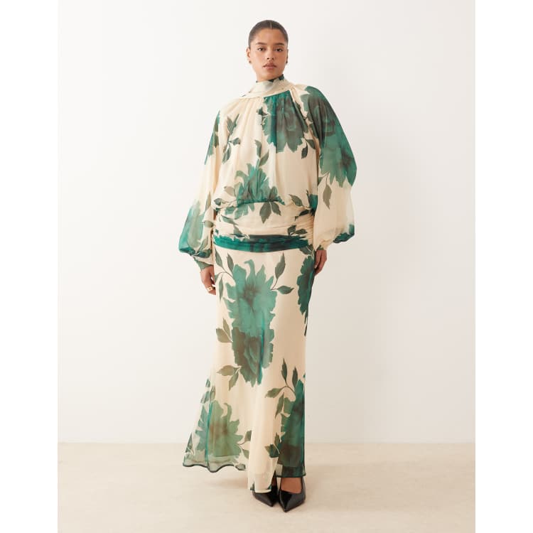 green emerald velvet dress Green Floral Printed High Neck Maxi Dress  AX Paris