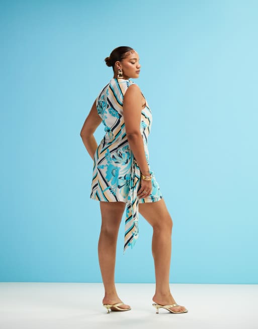 ASOS DESIGN Curve high neck drape detail mini dress in scarf print