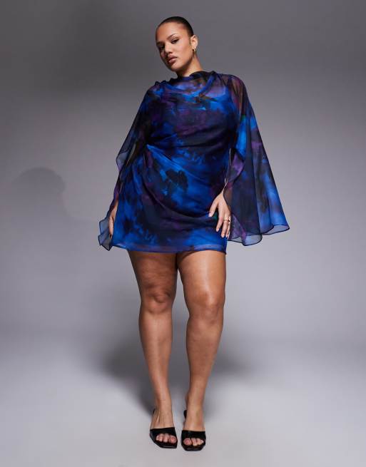 ASOS DESIGN Curve high neck drape front extreme cape sleeve mini dress in blue floral, 2 of 4