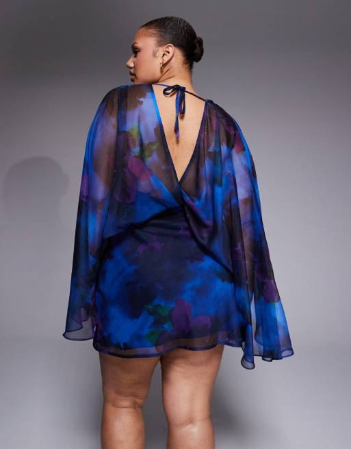 ASOS DESIGN Curve high neck drape front extreme cape sleeve mini dress in blue floral, 3 of 4