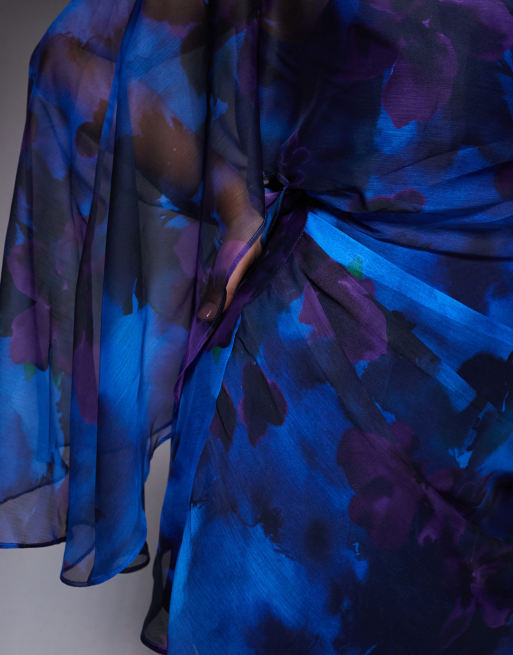 ASOS DESIGN Curve high neck drape front extreme cape sleeve mini dress in blue floral, 4 of 4