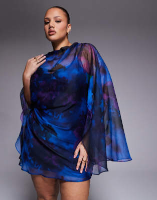 Asos Curve Asos Design Curve High Neck Drape Front Extreme Cape Sleeves Mini Dress In Multi