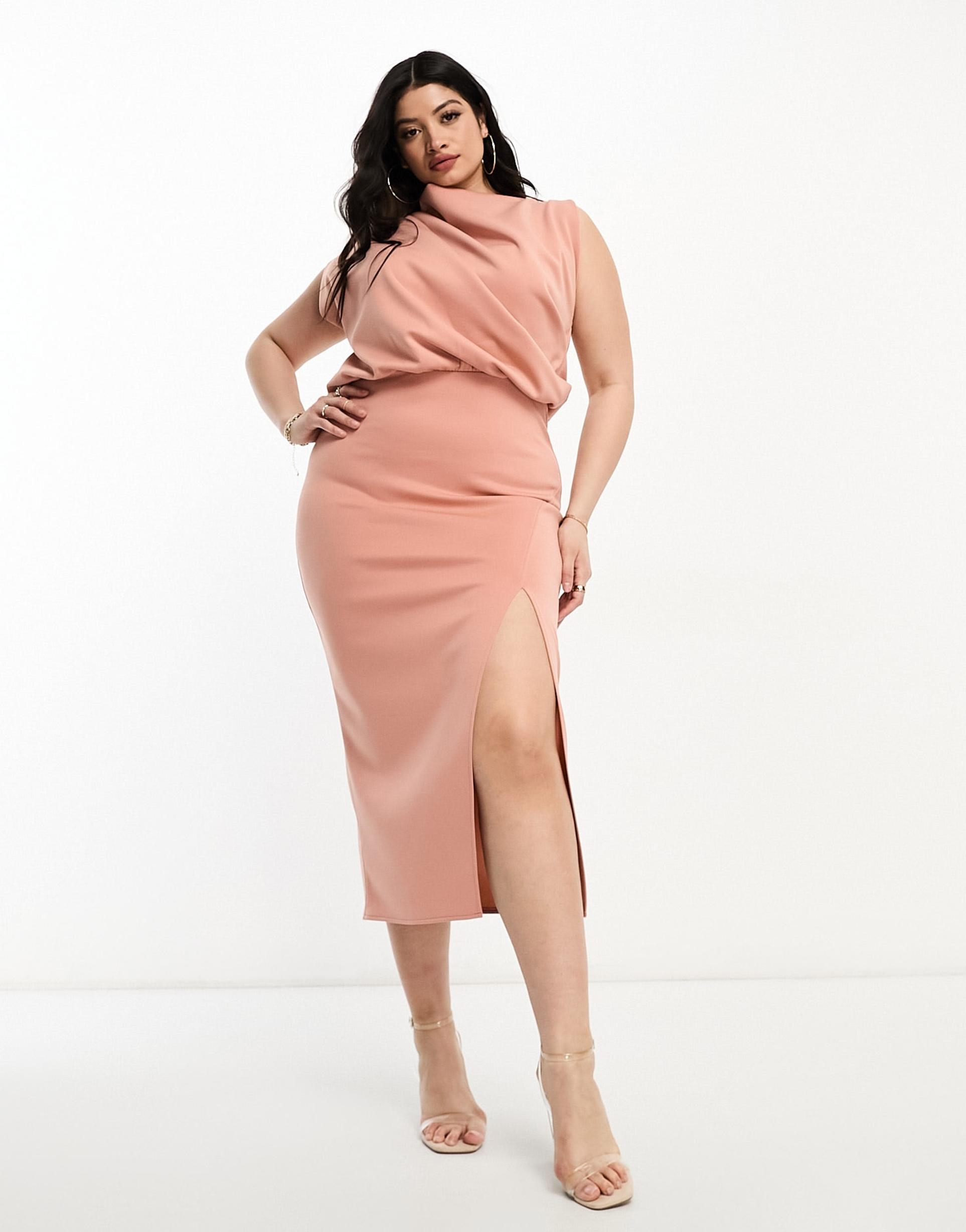 asos design curve high neck draped blouson waisted midi dress in camel brown