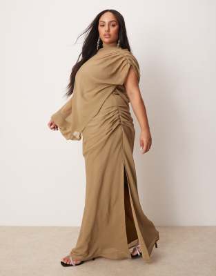 ASOS CURVE ASOS DESIGN CURVE HIGH NECK DRAPED BODICE ASYMMETRIC MAXI DRESS WITH CUT OUT 