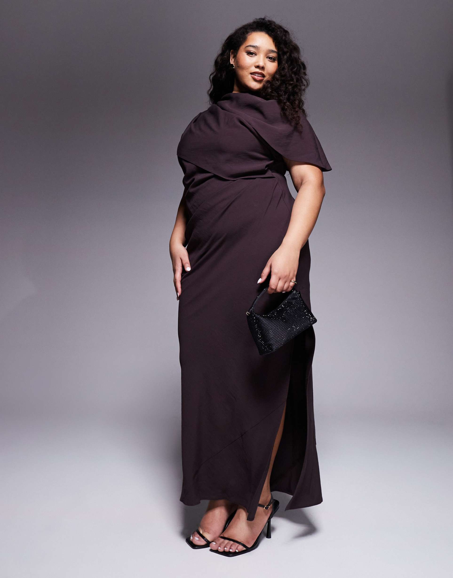 asos design curve high neck draped bodice cape maxi dress in chocolate