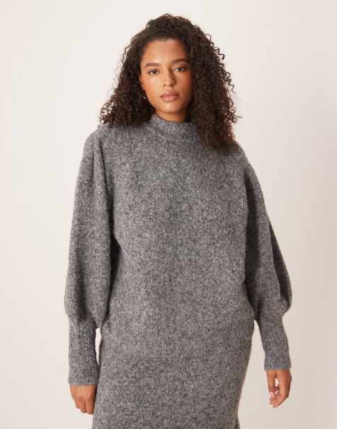 ASOS DESIGN Curve high neck fluffy jumper co-ord in charcoal - view 1
